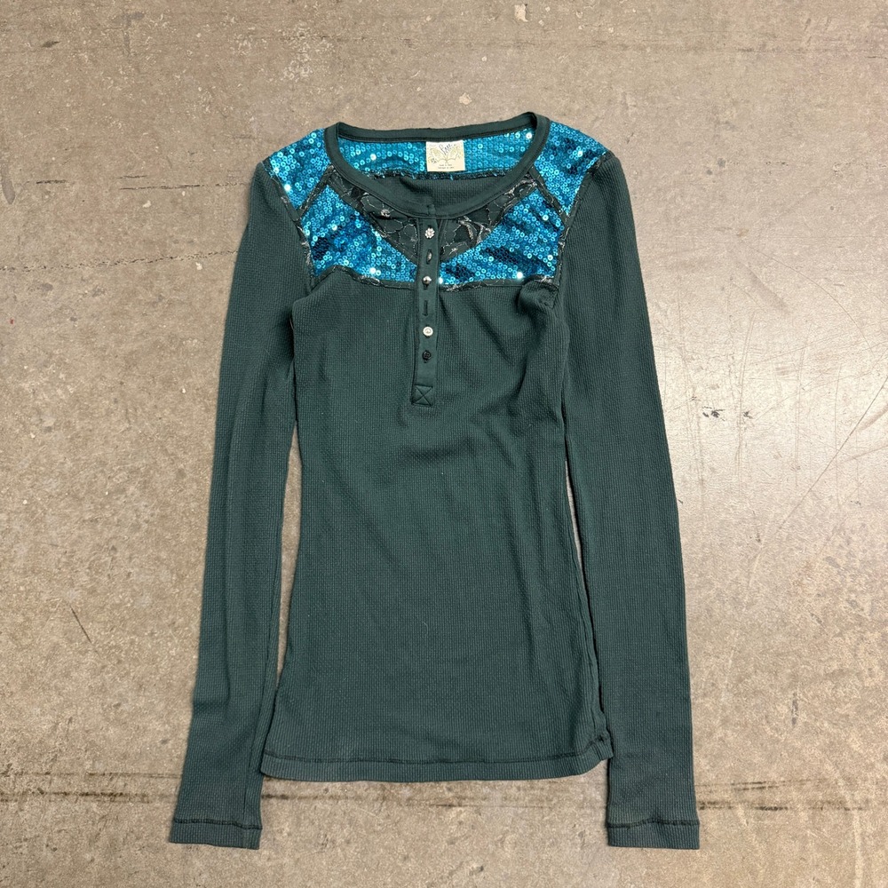 Free People Forest Green‎ Sequin Lace Thermal Henley Top Small Turquoise Accent